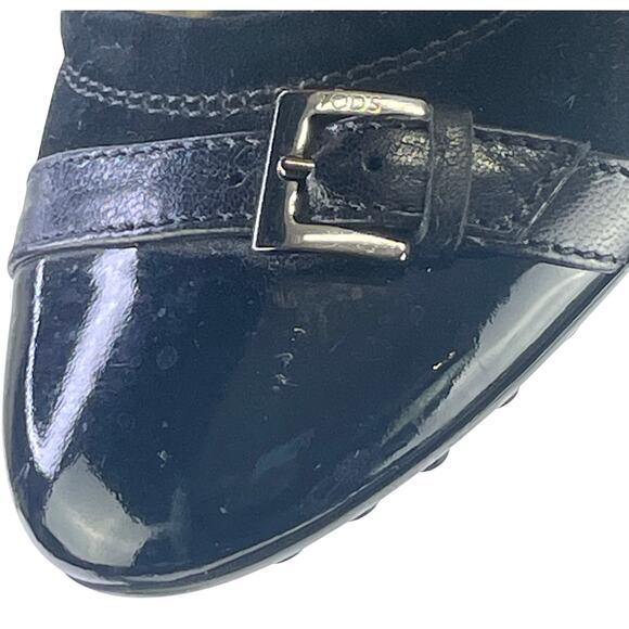 Tods Women Black Suede Ballet Flats Patent Leather Cap Toe Buckle Detail Sz 36.5 - Picture 11 of 13